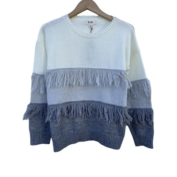 BiBi Sweaters - NEW Bibi Sweater Oversized Gray Cream Fringe Super Soft Womens S Stretchy Comfy